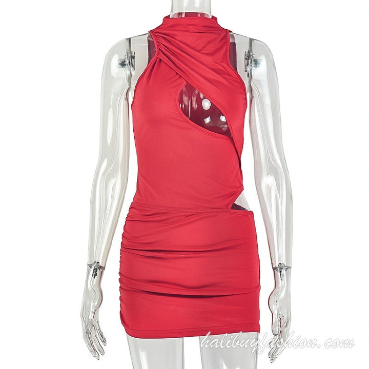 Sleeveless high neck cut out ruched solid mini dress - Halibuy - 9