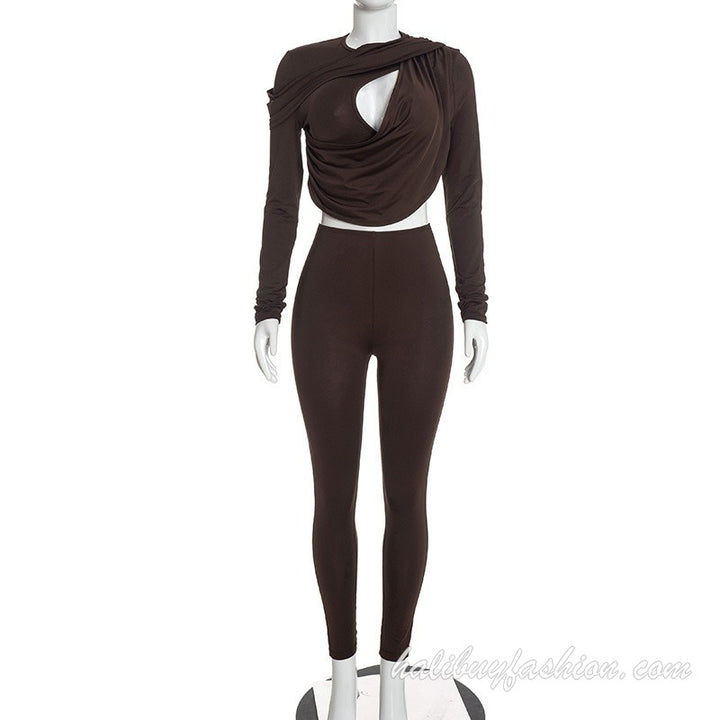 Long sleeve solid hollow out ruched knitted pant set - Halibuy - 9