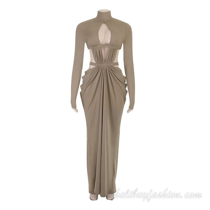 Long sleeve high neck hollow out ruched backless solid maxi dress - Halibuy - 9