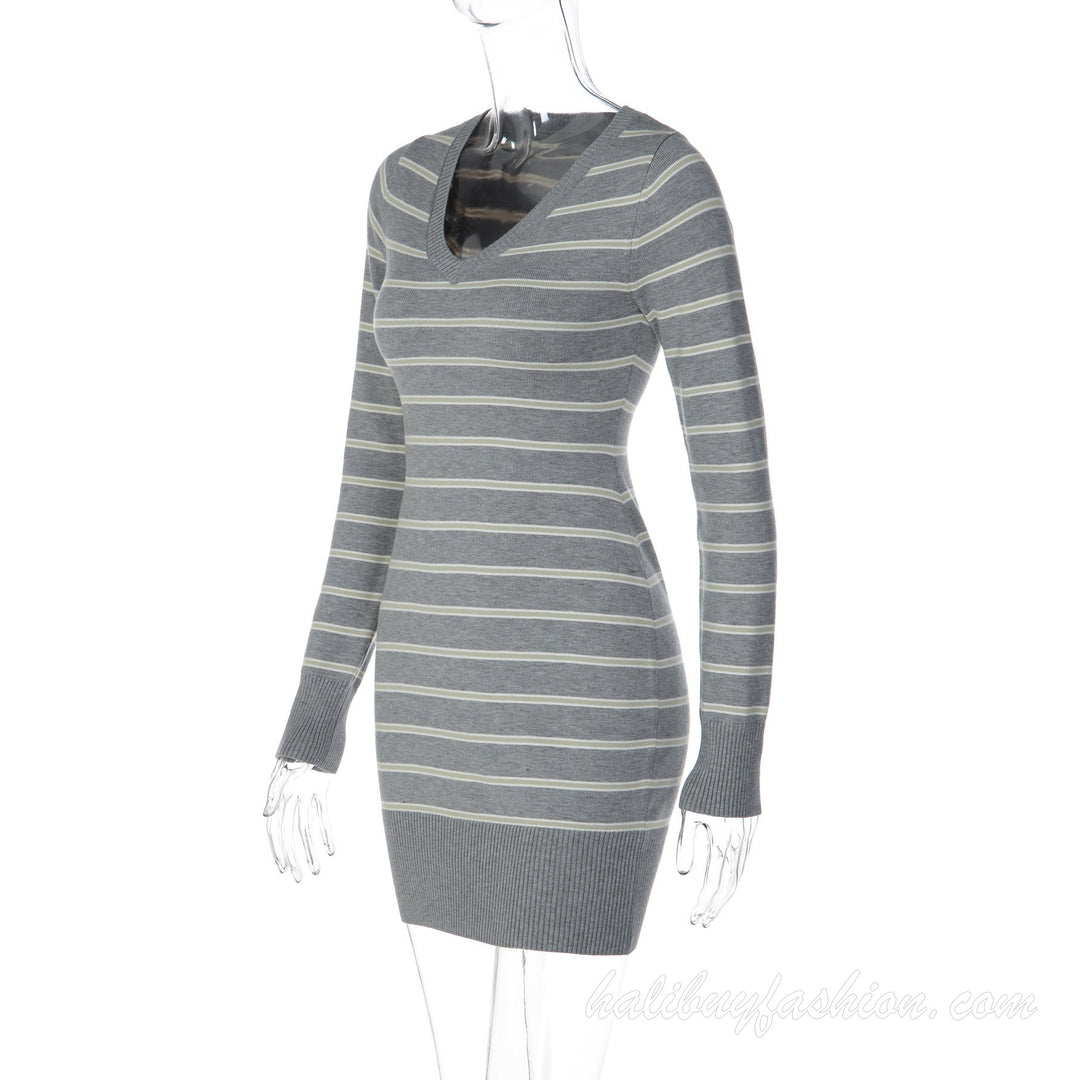 Deep v neck striped long sleeve knitted ribbed mini dress - Halibuy - 9