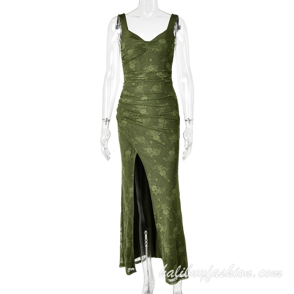 Spaghetti strap low cut high slit ruched metallic sleeveless cami maxi dress - Halibuy - 9