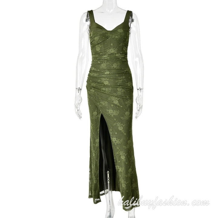 Spaghetti strap low cut high slit ruched metallic sleeveless cami maxi dress - Halibuy - 9