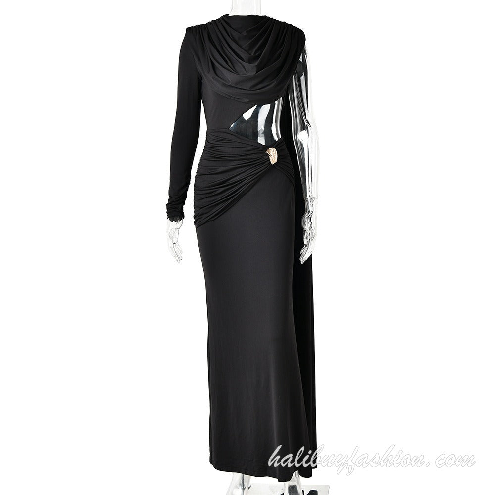One shoulder long sleeve backless cut out high slit solid maxi dress - Halibuy - 9