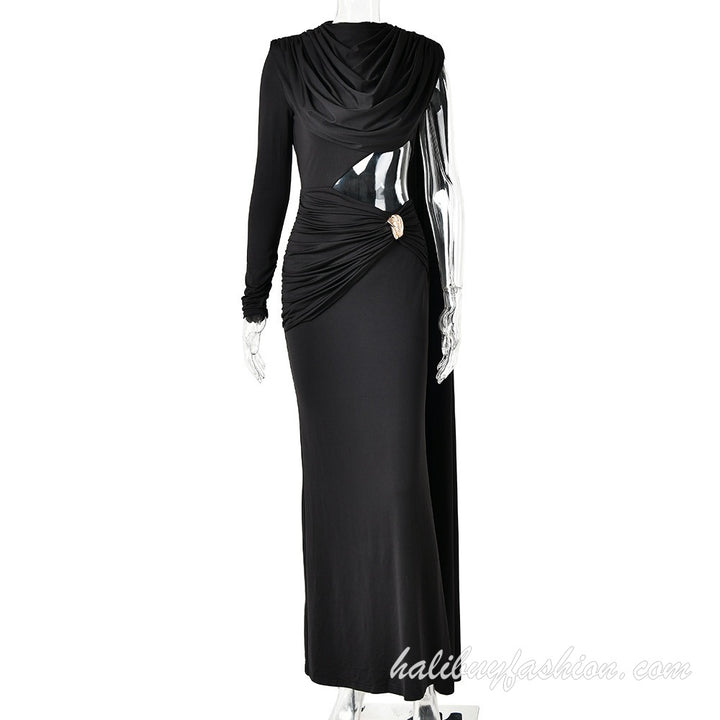One shoulder long sleeve backless cut out high slit solid maxi dress - Halibuy - 9