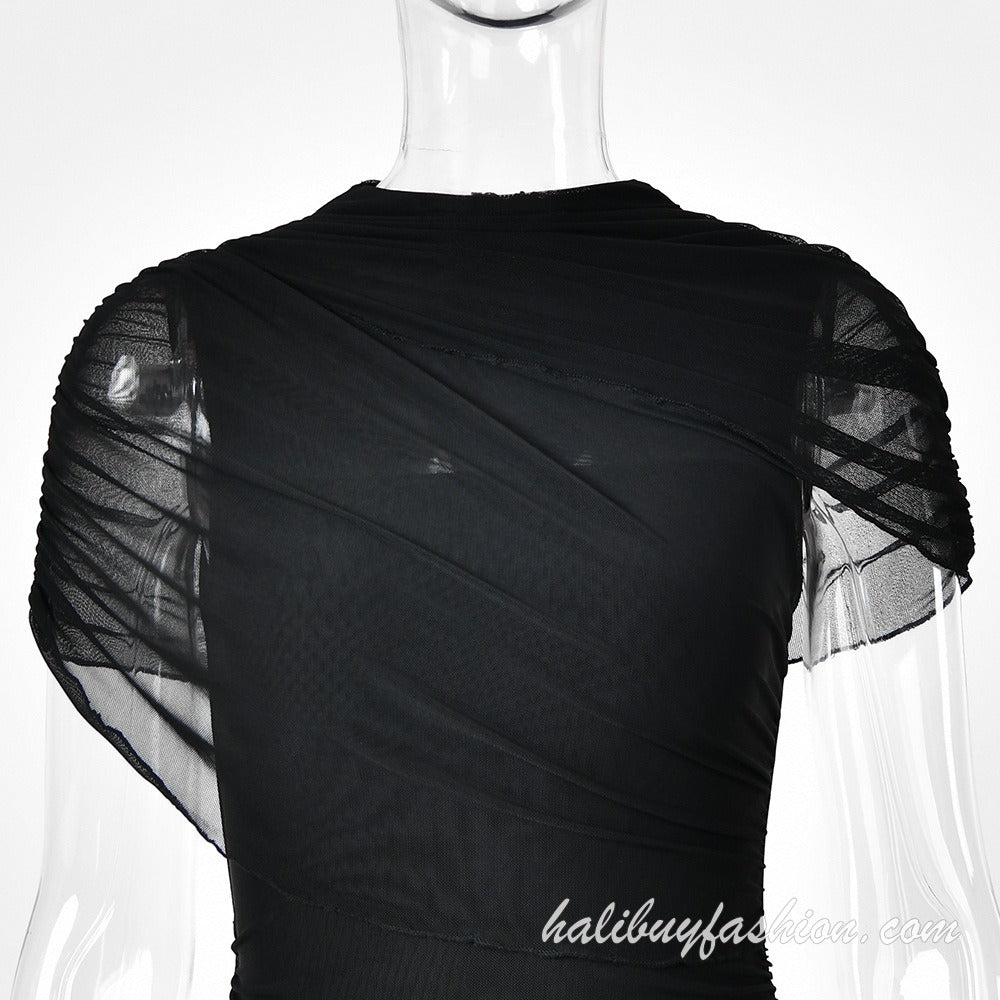 Solid mesh ruched high neck cap sleeve maxi dress - Halibuy - 9