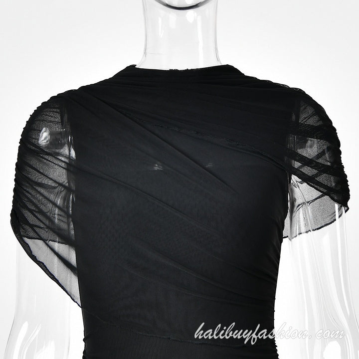 Solid mesh ruched high neck cap sleeve maxi dress - Halibuy - 9