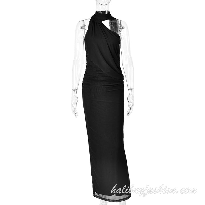 One shoulder sleeveless solid ruched backless maxi dress - Halibuy - 9