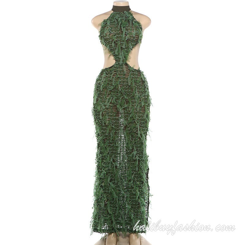 Halter sleeveless backless hollow out tassels sheer mesh maxi dress - Halibuy - 9