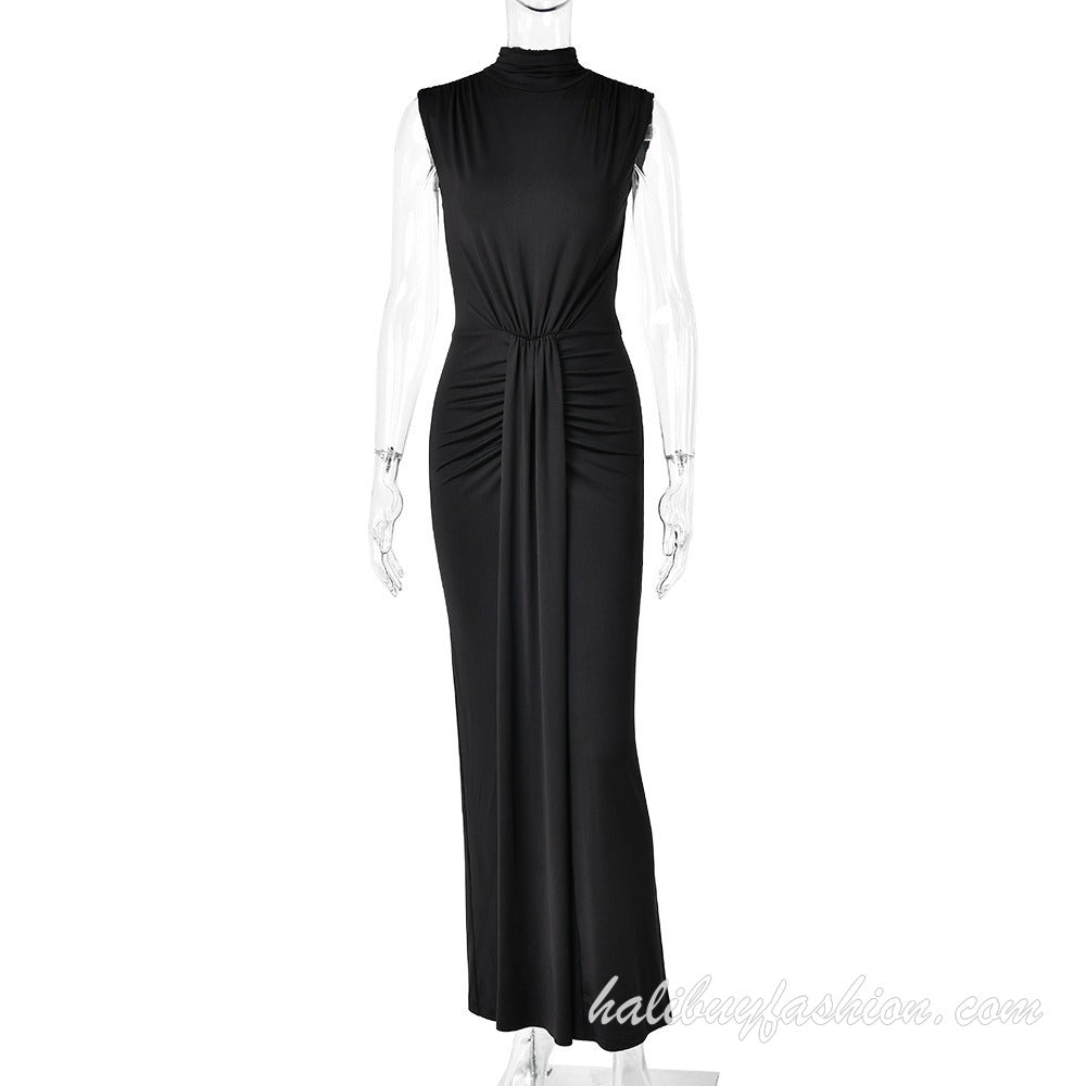 High neck sleeveless ruched solid high slit maxi dress - Halibuy - 9