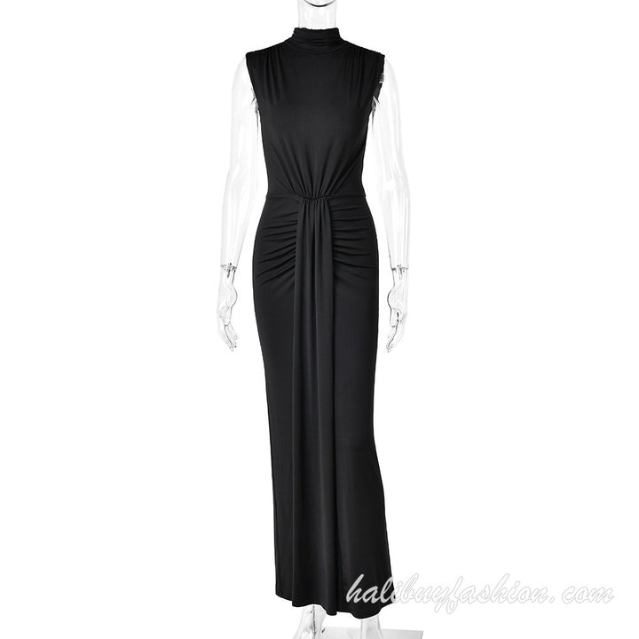 High neck sleeveless ruched solid high slit maxi dress - Halibuy - 9