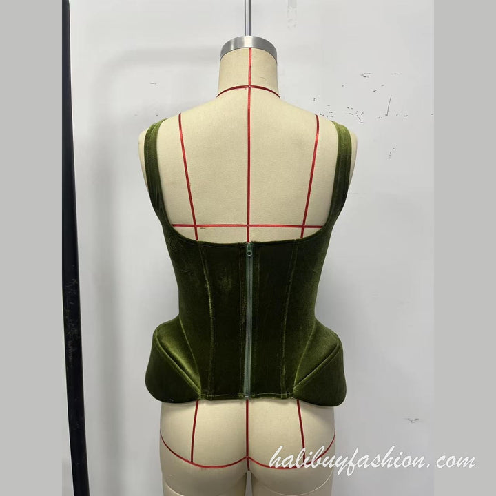 Velvet corset sleeveless solid zip-up square neck tank top - Halibuy - 9