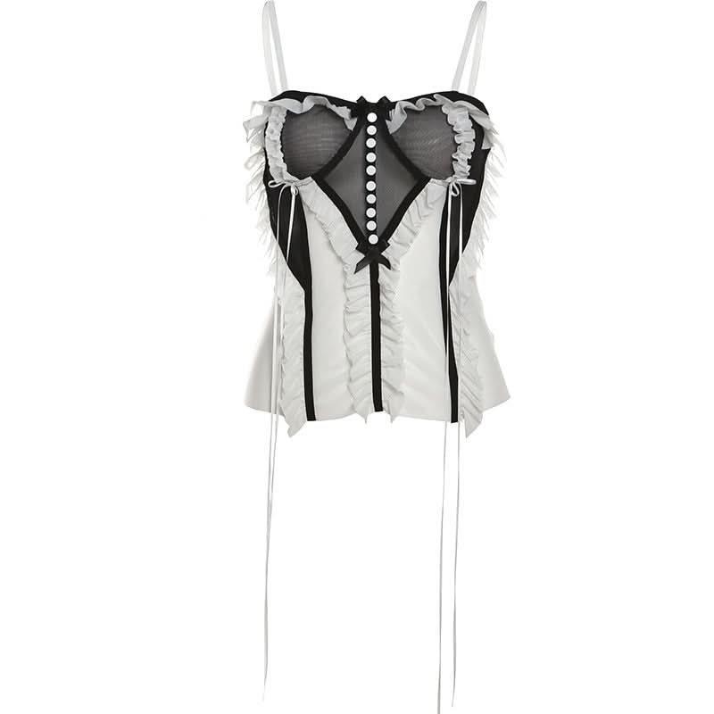 Mesh patchwork ruffle button contrast backless cami ruched skirt set-final-sale