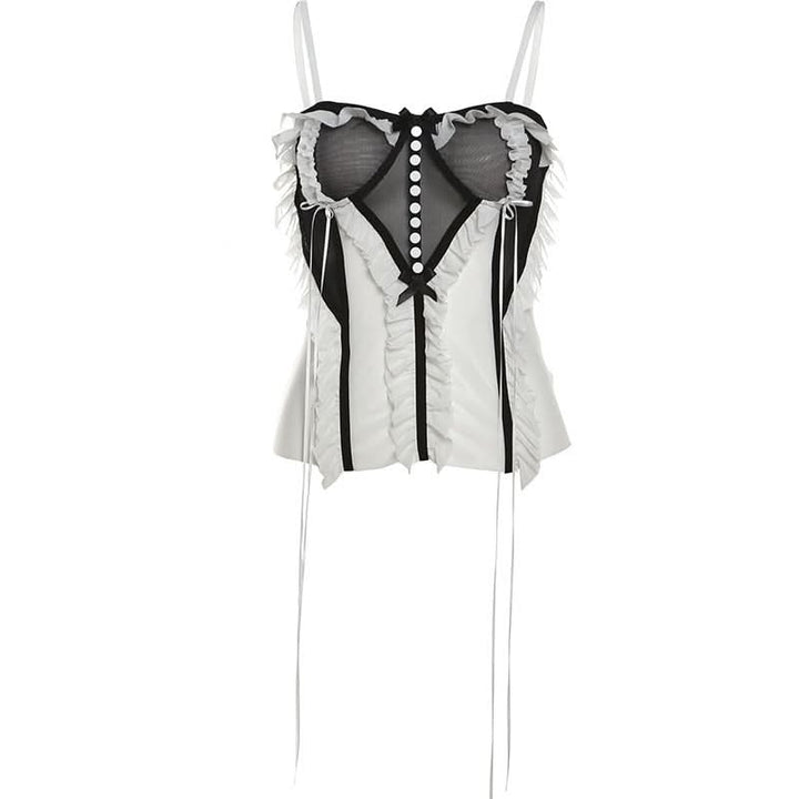 Mesh patchwork ruffle button contrast backless cami ruched skirt set-final-sale