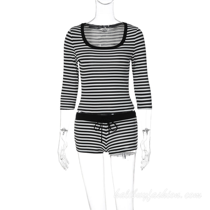 Striped long sleeve u neck contrast drawstring low rise pant set - Halibuy - 9