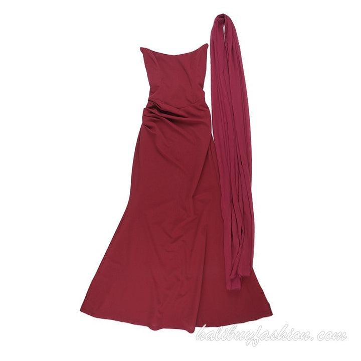 Spaghetti strap ruched drawstring backless lace up satin 2 piece dress maxi - Halibuy - 9