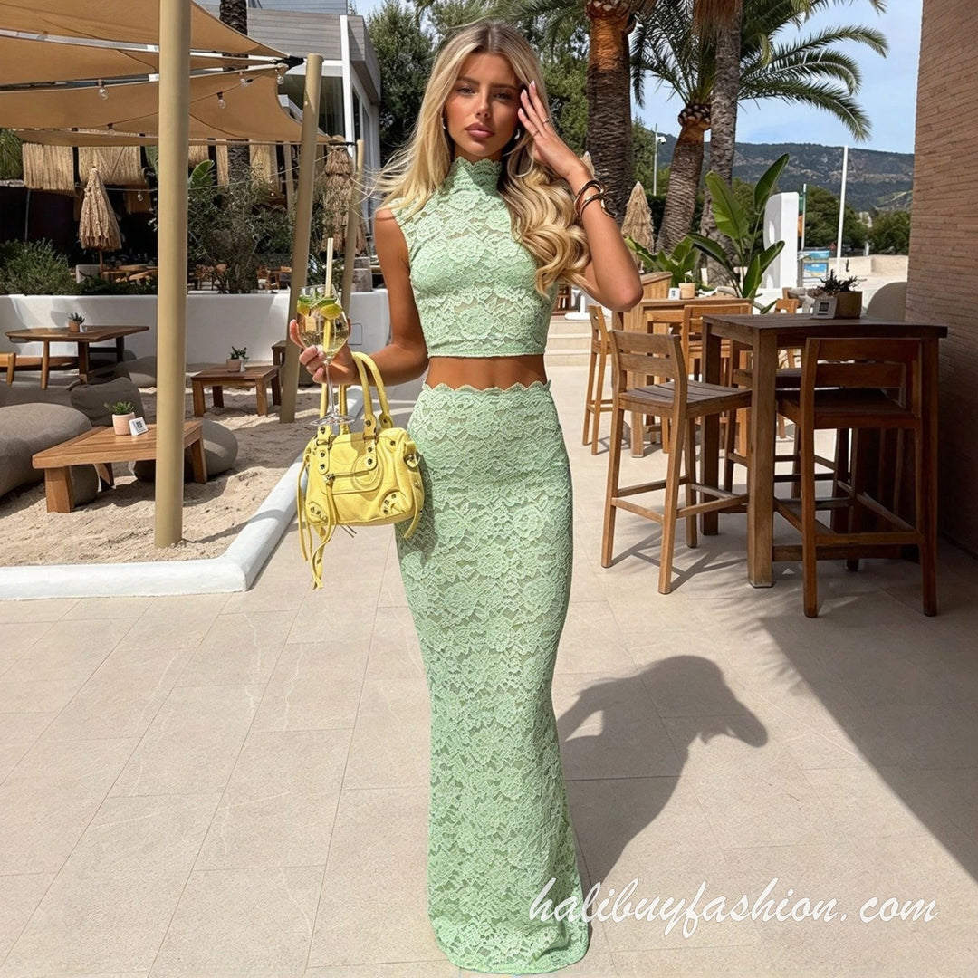 Lace solid high neck sleeveless see through skirt set maxi - Halibuy - 9
