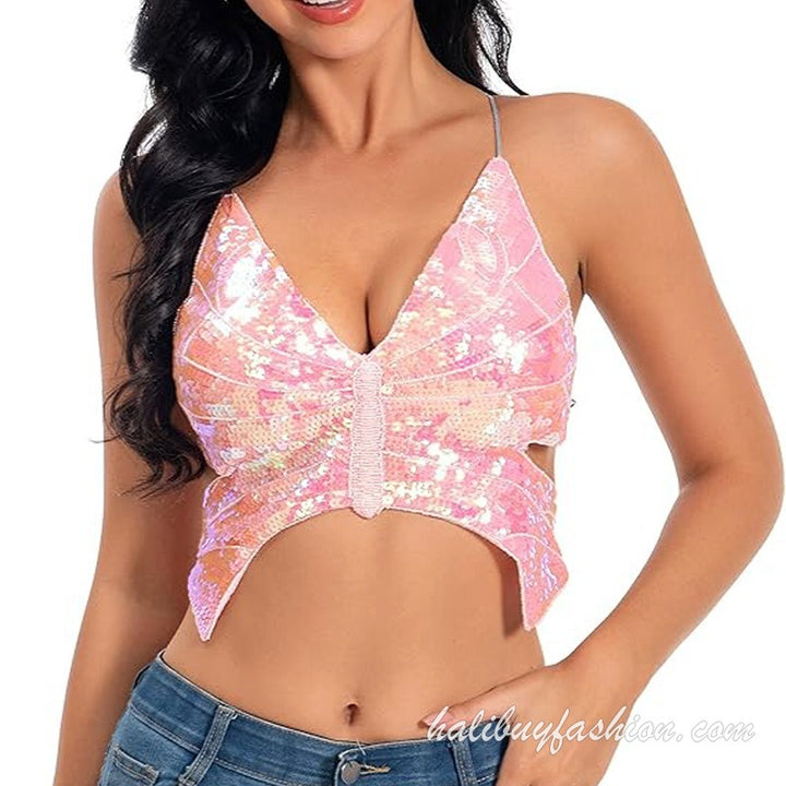 Spaghetti strap sleeveless glitter butterfly pattern deep v neck crop top - Halibuy - 9