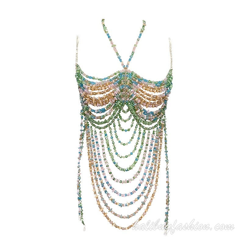 Halter hollow out patchwork crystal satin body chain - Halibuy - 9