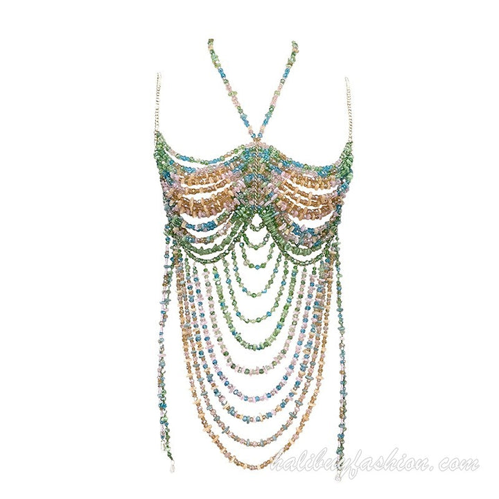 Halter hollow out patchwork crystal satin body chain - Halibuy - 9