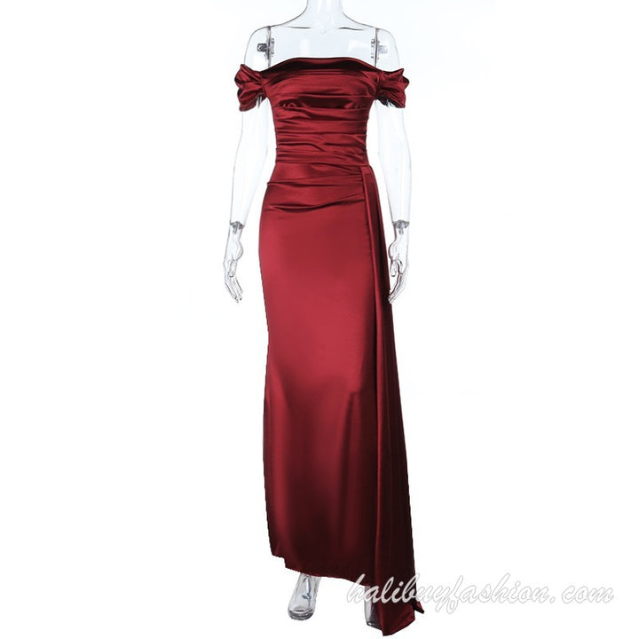 Off shoulder satin ruched high slit solid maxi dress - Halibuy - 9