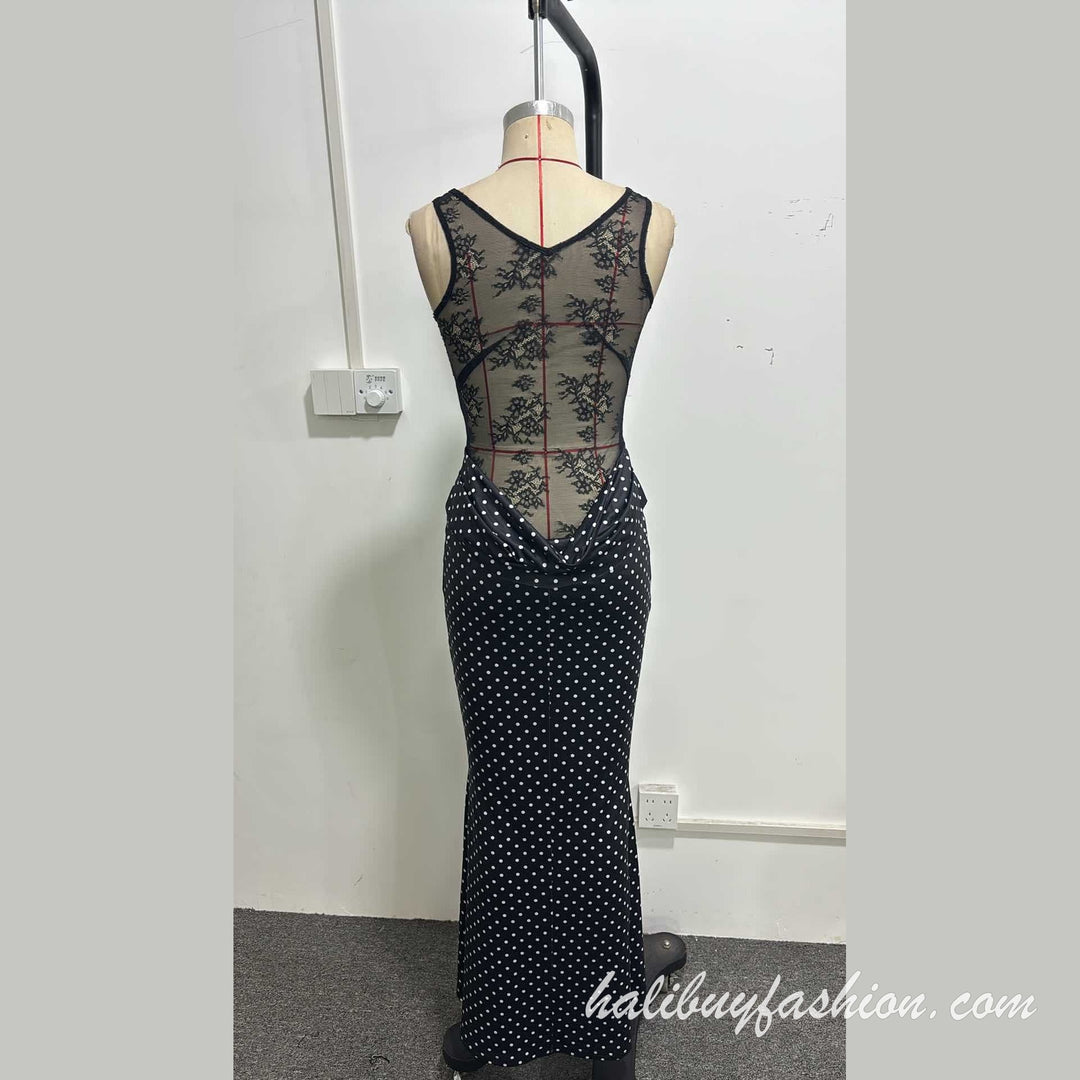Polka dot cowl neck sleeveless lace see through cami maxi dress - Halibuy - 9