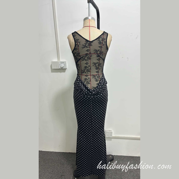 Polka dot cowl neck sleeveless lace see through cami maxi dress - Halibuy - 9