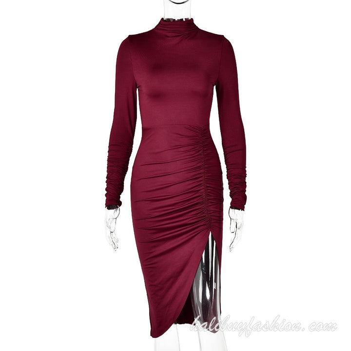 High neck long sleeve solid ruched high slit midi dress - Halibuy - 9