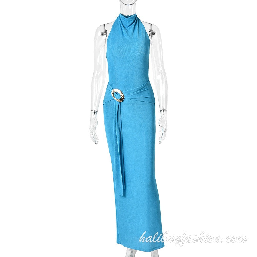 Halter sleeveless backless ruched solid buckle maxi dress - Halibuy - 9