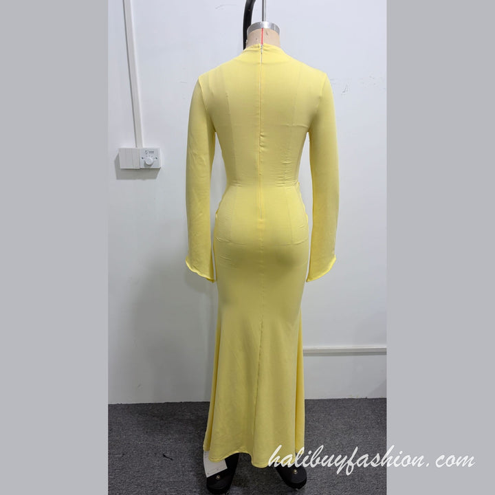 High neck long flared sleeve ruched solid button maxi dress - Halibuy - 9