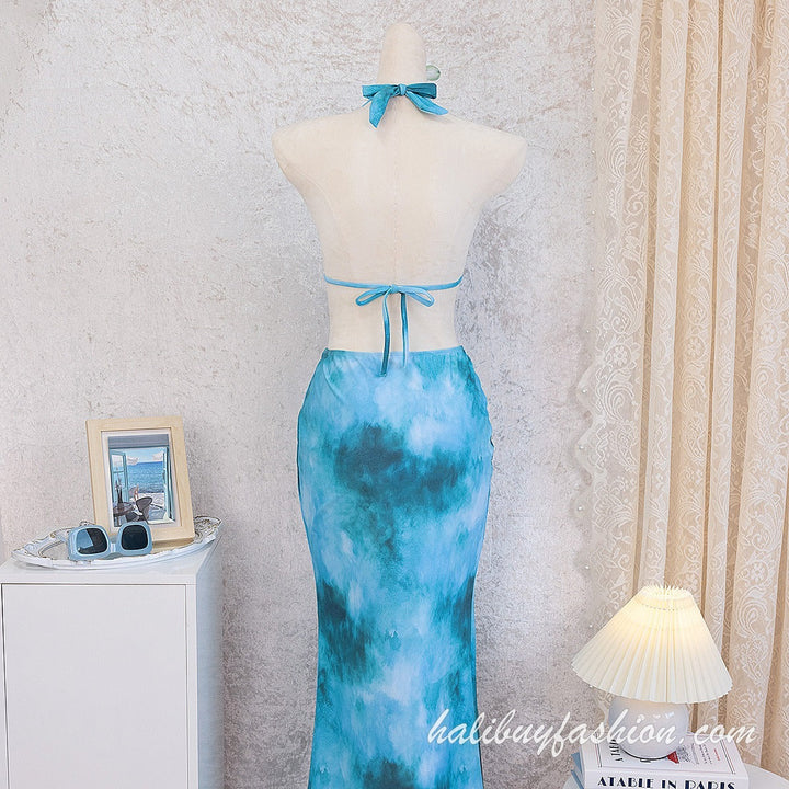 Halter tie dye backless cut out self tie swimwear - Halibuy - 9