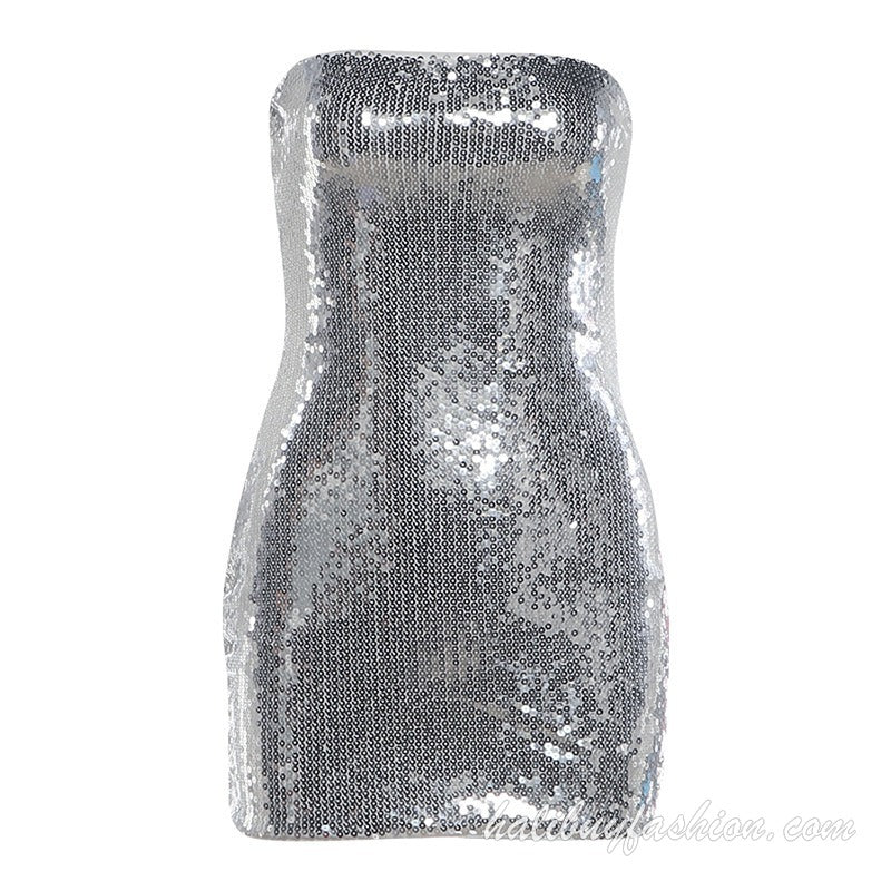 Glitter sleeveless metallic bustier solid tube mini dress - Halibuy - 9