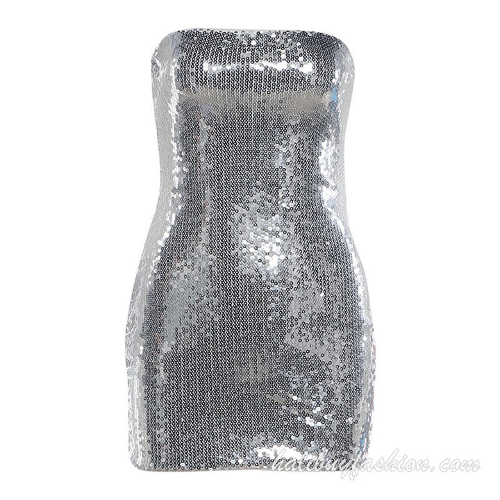 Glitter sleeveless metallic bustier solid tube mini dress - Halibuy - 9