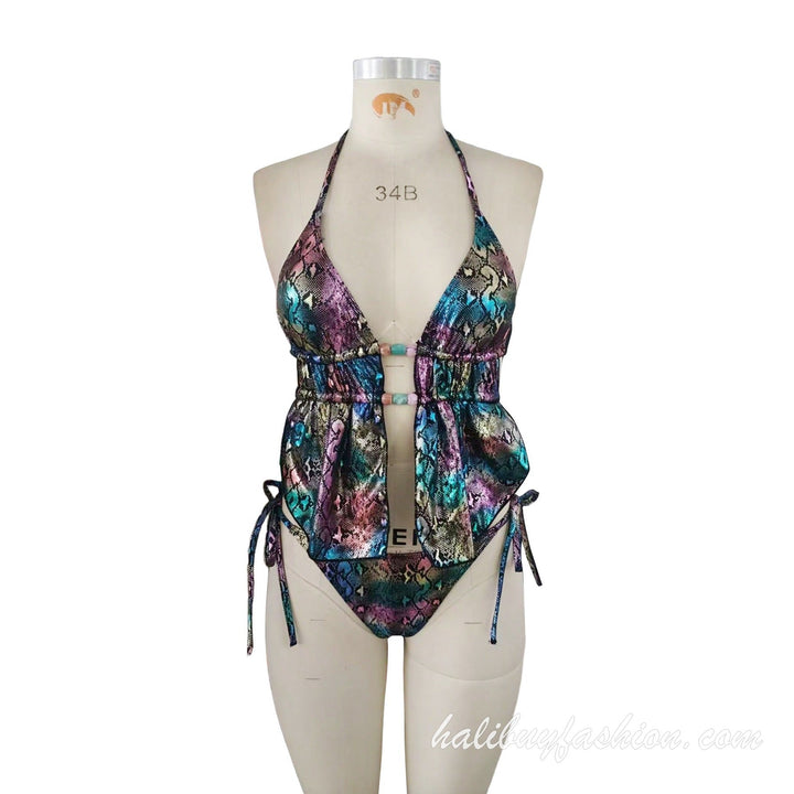 Halter backless metallic self tie swimwear - Halibuy - 9