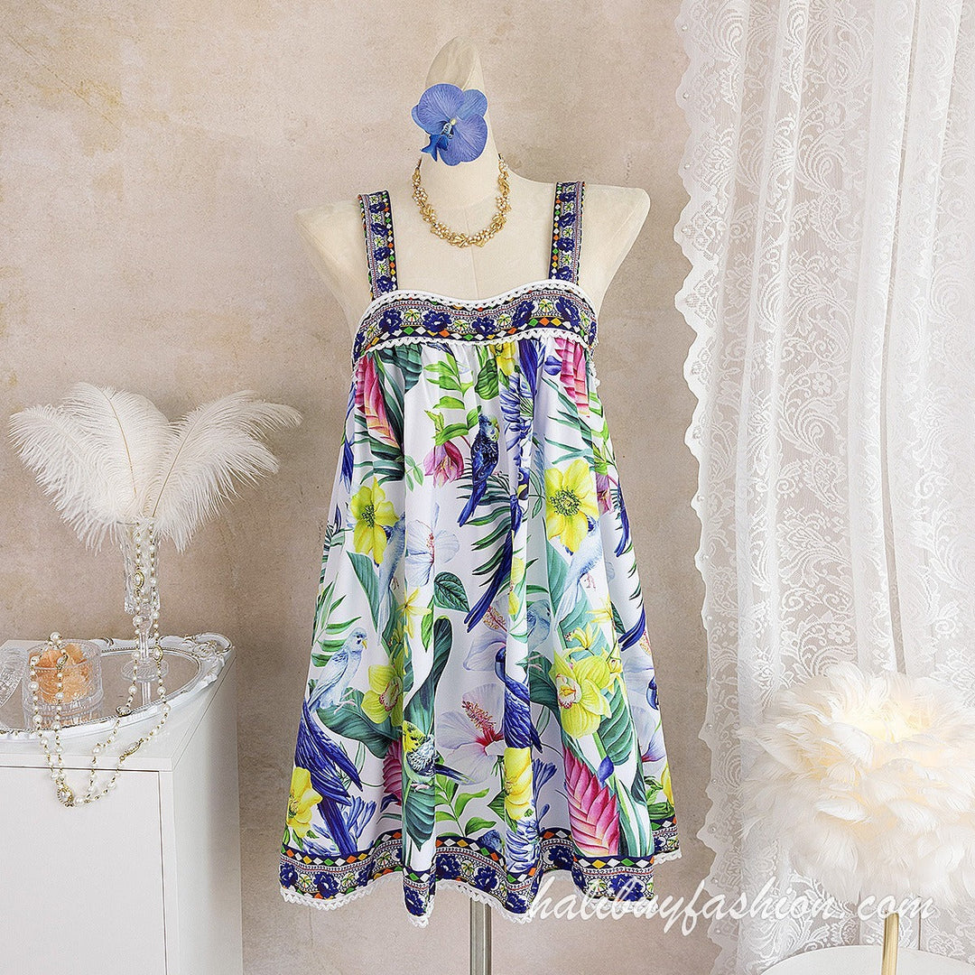 Square neck sleeveless print ruffle mini dress - Halibuy - 9