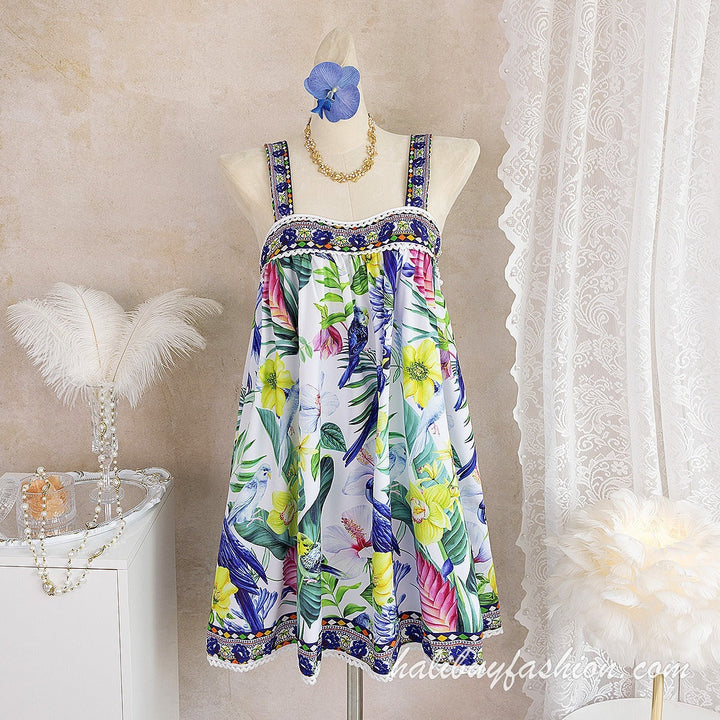 Square neck sleeveless print ruffle mini dress - Halibuy - 9
