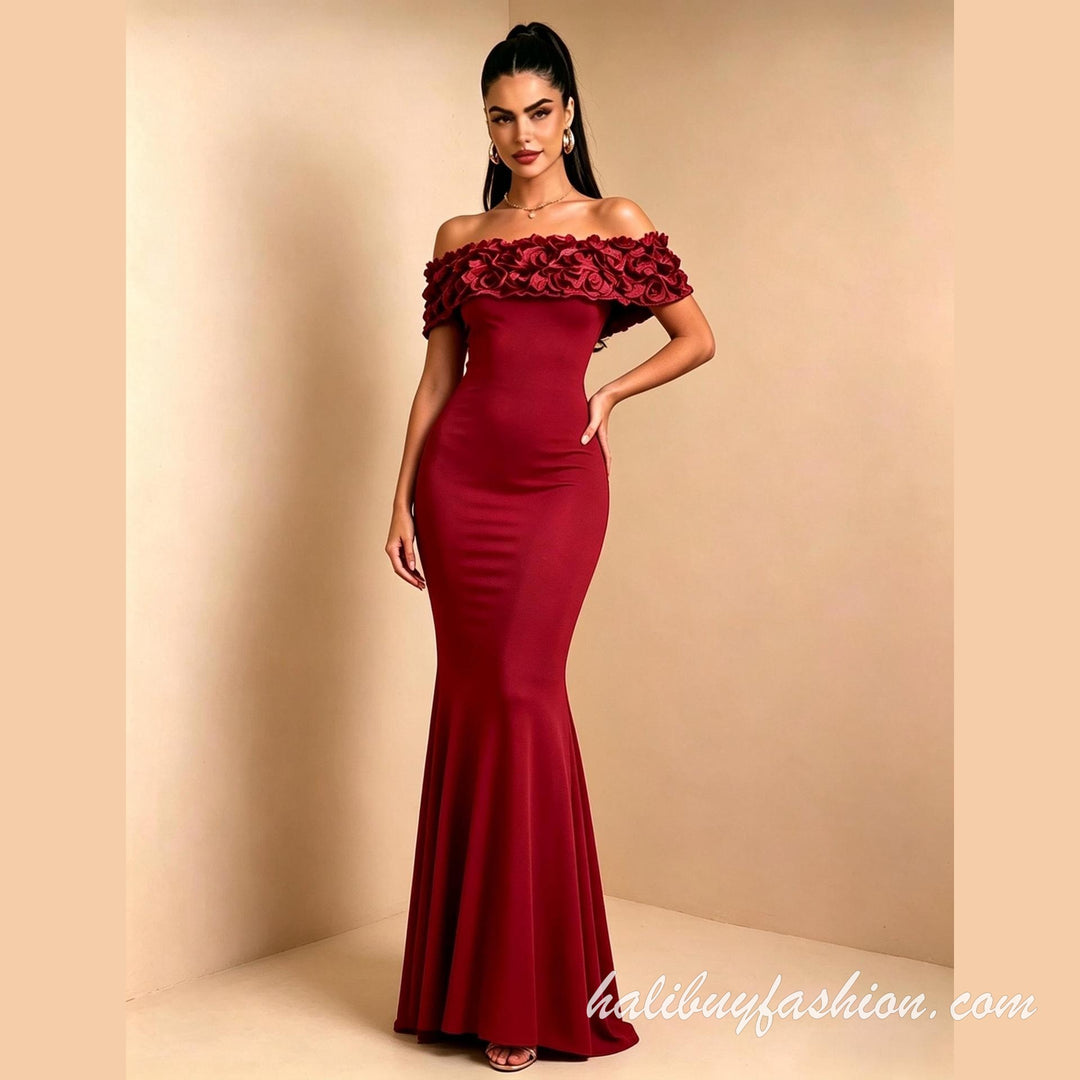 Off shoulder applique solid knit maxi dress - Halibuy - 9
