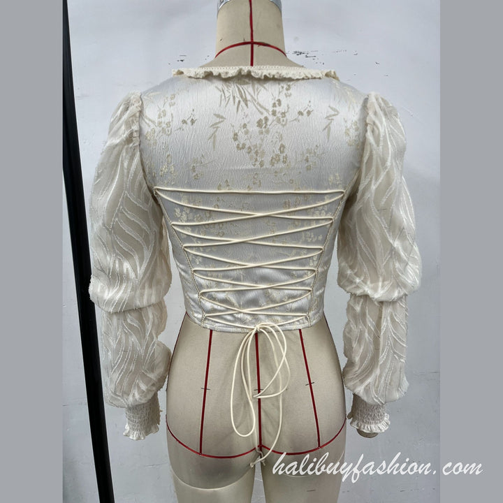 Square neck long sleeve corset lace ruffle lace up top - Halibuy - 9