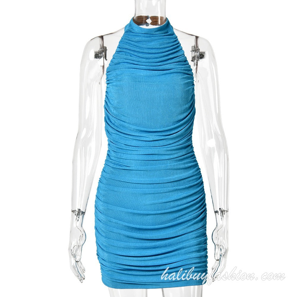 Halter high neck sleeveless ruched backless solid mini dress - Halibuy - 9