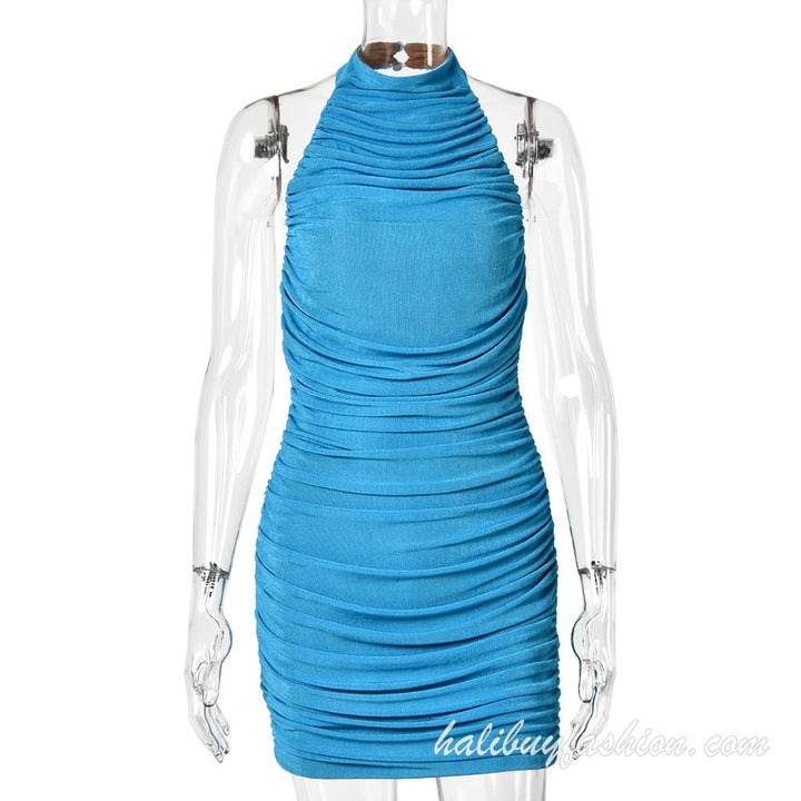 Halter high neck sleeveless ruched backless solid mini dress - Halibuy - 9