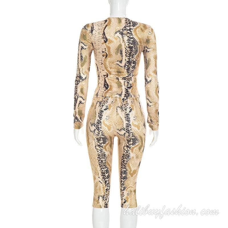 Long sleeve round neck leopard print mesh pant set - Halibuy - 9