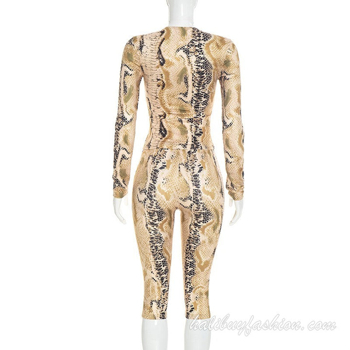 Long sleeve round neck leopard print mesh pant set - Halibuy - 9