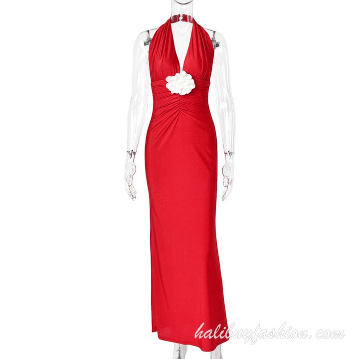 Halter deep v neck sleeveless backless ruched solid maxi dress - Halibuy - 9