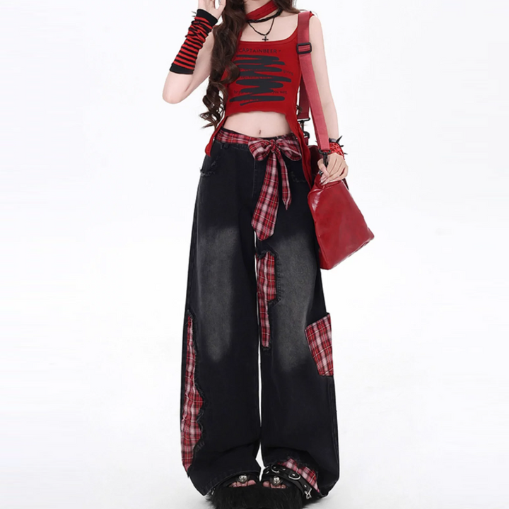 Plaid patchwork raw hem low rise straight leg | Baggy Low Rise Jeans