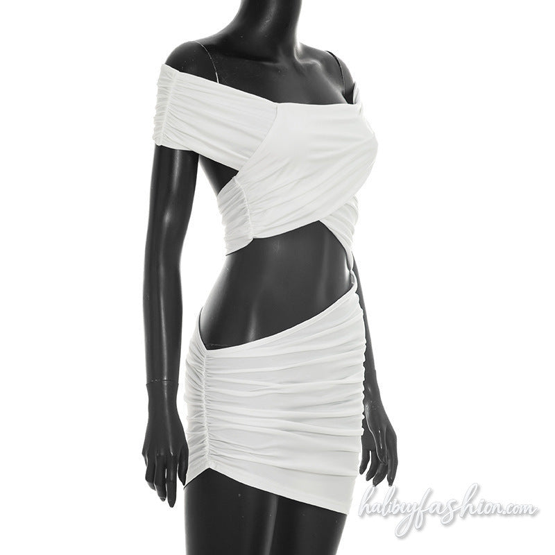 Hollow out irregular off shoulder ruched mini dress - Halibuy - 7