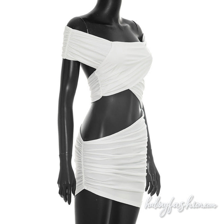 Hollow out irregular off shoulder ruched mini dress - Halibuy - 7
