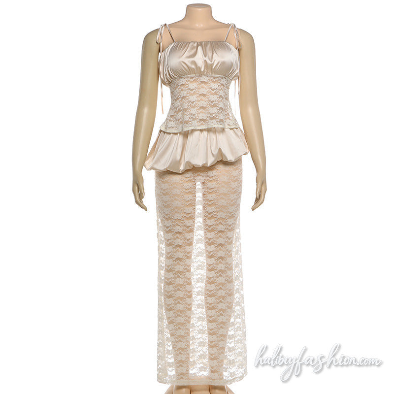 Ruched lace square neck self tie cami maxi skirt set