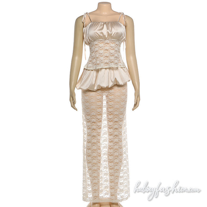 Ruched lace square neck self tie cami maxi skirt set