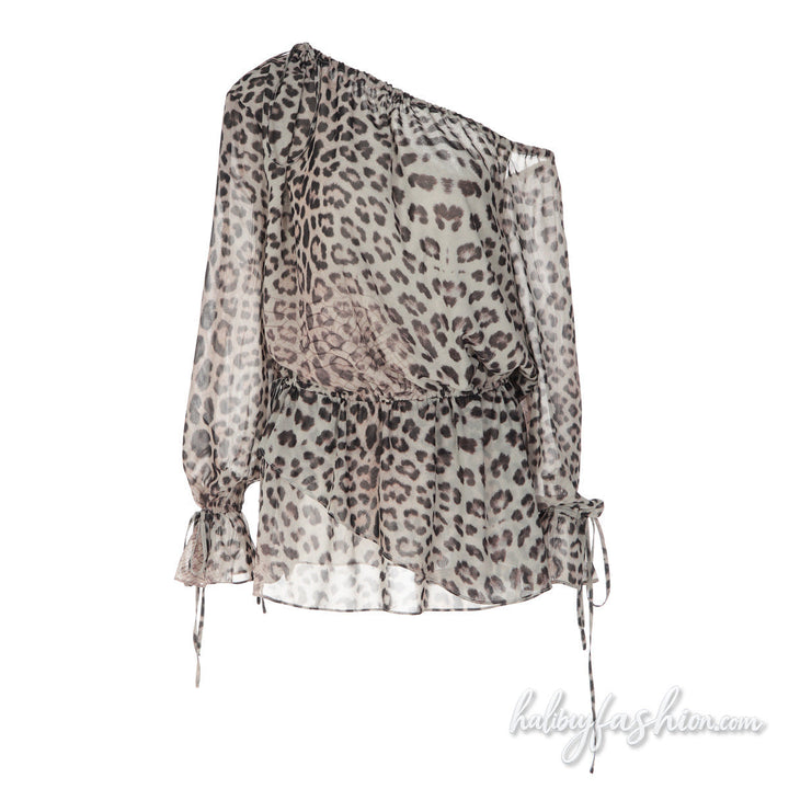 Leopard print long sleeve one shoulder chiffon mini dress - Halibuy