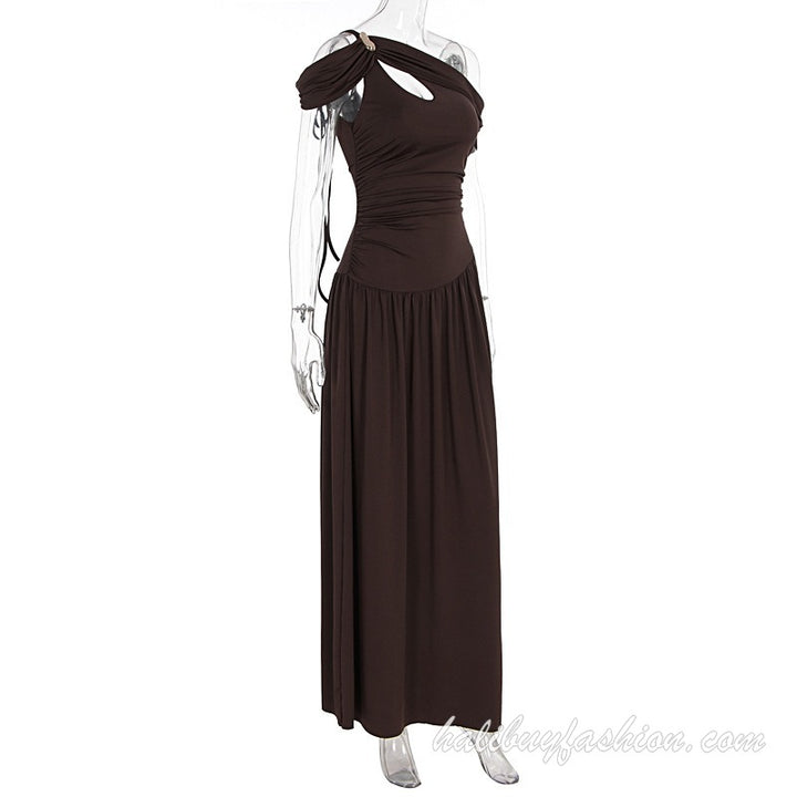 One shoulder ruched hollow out pleated solid o ring maxi dress - Halibuy - 10