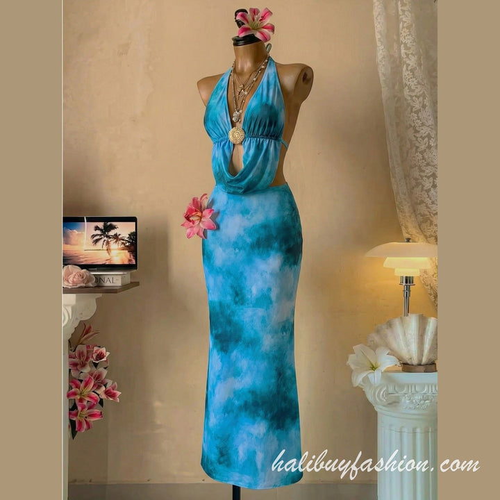 Halter tie dye backless cut out self tie swimwear - Halibuy - 10